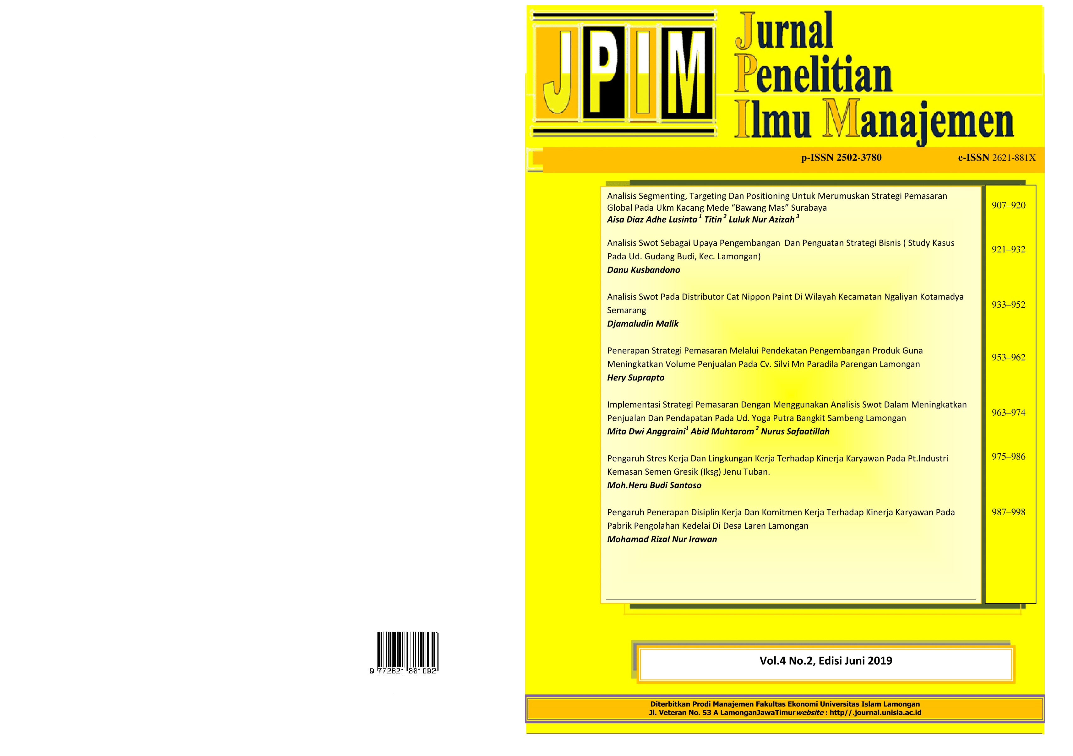 					View Vol. 4 No. 2 (2019): JPIM (JURNAL PENELITIAN ILMU MANAJEMEN)
				